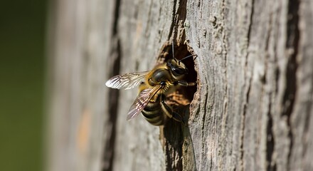Bee entering a wooden hive entrance close up macro shot.