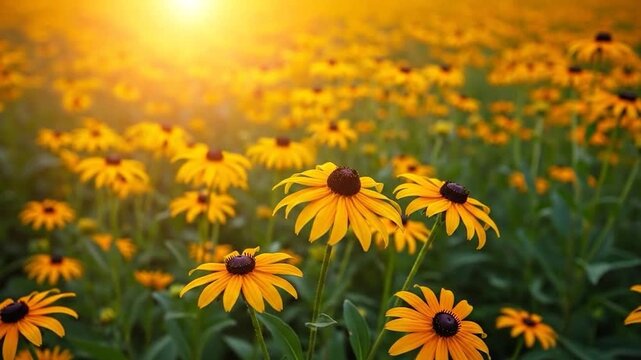 Field of blackeyed susan flowers in warm golden hour sunlight