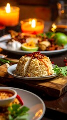Close-up of rice with sauce, candles and other foods