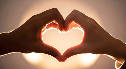 Two hands forming a heart shape against a bright sunset or sunrise, symbolizing love, connection, and romance