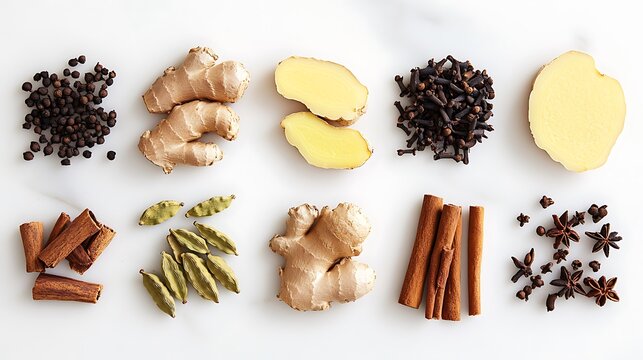 Various aromatic spices including ginger, cinnamon, cardamom, cloves, star anise, and peppercorns on a white background