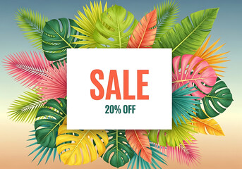 Tropical leaves frame a white square with sale 20% off text, suggesting a summer discount or promotion with vibrant foliage