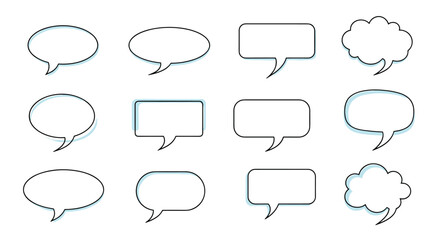 Fototapeta premium A collection of black and white cartoon speech and thought bubbles with a slight blue shadow effect, arranged in a grid.