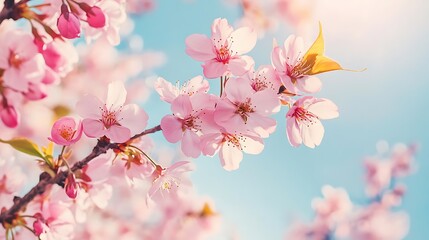 Cherry tree branches with delicate pink blossoms blooming against a clear, sunny blue sky, symbolizing spring and renewal