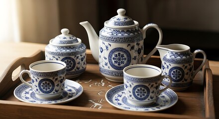 Elegant Blue and White Porcelain Tea Set on a Wooden Tray.