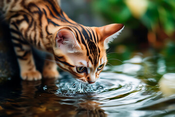 Bengal cat kitten exploring water surface, creating ripples. Unusual feline behavior showing curiosity and playful nature