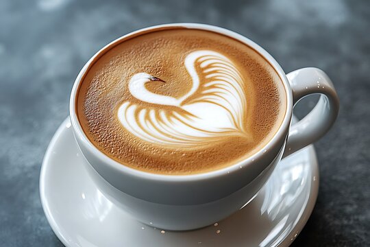 Coffee cup on a saucer highlighting a perfectly crafted swan design in frothy milk, symbolizing skilled barista work and a quality beverage - Powered by Adobe