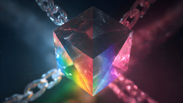 Ultra-realistic blockchain key prism splitting into rainbow of identity verification methods, multi-factor authentication