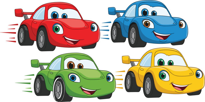 Cute colorful cartoon racing cars with happy smiling faces, kids automotive illustration set, playful vehicle characters for children education, nursery, toys and animation projects