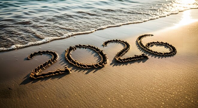 The year 2026 written in the sand on a beach with the ocean waves washing up. - Powered by Adobe