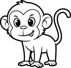 Fototapeta premium Cute smiling cartoon baby monkey standing with curled tail, black and white line art jungle animal illustration for coloring book, kids character drawing vector
