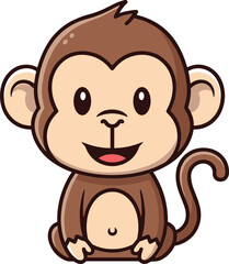 Cute smiling cartoon monkey sitting with curled tail, adorable baby animal illustration, jungle wildlife character design for kids, playful mascot artwork vector