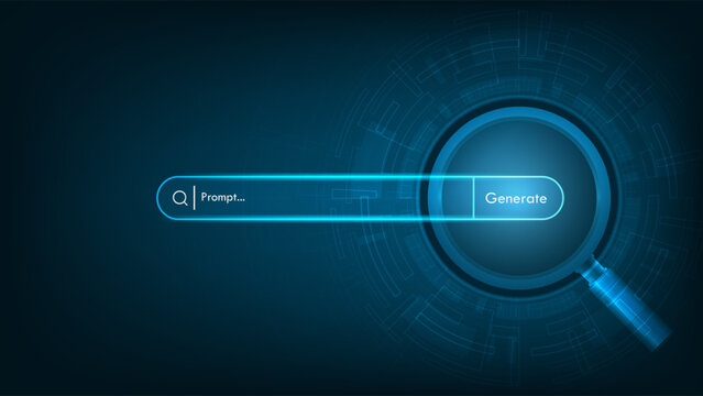 Magnifying glass and AI generative bar on a futuristic background. Concept of Artificial Intelligence. AI Search Engines. Powered SEO optimization. Generate an idea by a prompt. Vector illustration.
