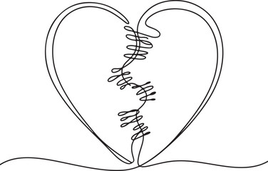 Continuous line art illustration of stitched broken heart for symbolic and emotional design