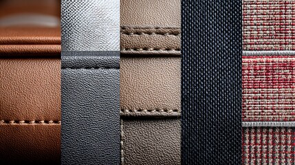 Close-up view comparing different material textures, including various leathers, plastic, and fabrics, suitable for bags or luggage