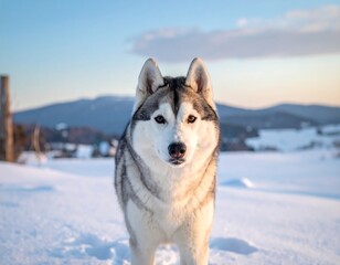 Fototapeta premium A majestic, close-up shot of a husky dog standing in a snowy landscape. Mountains and blue sky form the backdrop