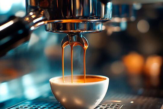 Hot espresso coffee extracting from a professional machine, pouring into a white demitasse cup with rich crema forming