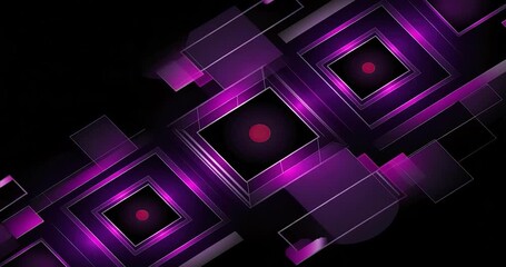 Futuristic neon geometric abstract background with glowing purple and pink squares, digital tech shapes and transparent layers, modern sci fi design ideal for motion graphics, animation and video proj - Powered by Adobe
