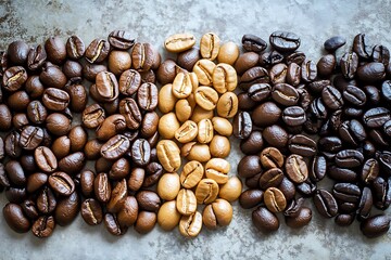 Coffee beans displaying varying roast levels from light to dark, presenting variety and selection for coffee enthusiasts