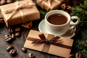 Gift card with ribbon and hot coffee cup on dark wood, surrounded by scattered beans, suggesting a thoughtful present idea