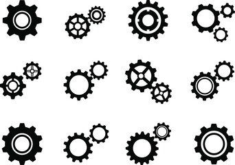 Stylized Black Gear Icons Set for Engineering, Mechanics, and Industrial Design Projects