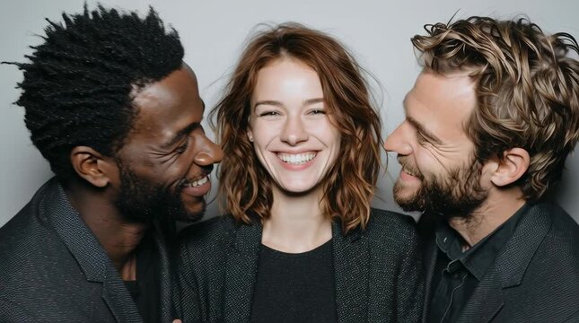 two men and one woman, appearance in classic business suits stand in a row facing us, standing out against a white background, super-detailed appearance, they are friendly, the atmosphere is inviting,