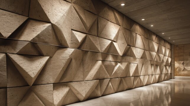 Carved stone wall geometric triangular reliefs directional lighting grazing surfaces shadows sharp and dimensional faint haze layered subtly