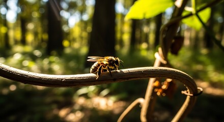 A bee rests on a curved branch in a sun-dappled forest.