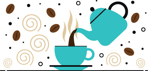 Abstract Coffee Pouring Vector Illustration Modern Flat Design Style with Beans and Swirls