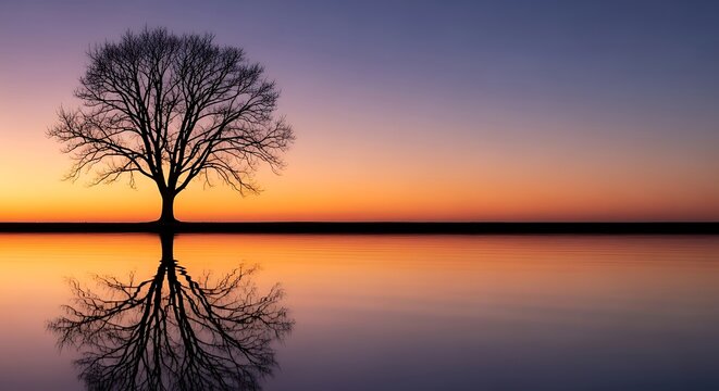 A serene silhouette of a majestic bare tree stands perfectly reflected in still water, capturing the breathtaking colors of a tranquil dawn or twilight sky, evoking peace and natural beauty - Powered by Adobe