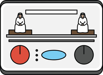 Abstract Vector Illustration of a Digital Control Panel or Interface with Two Figures in Traditional Arab Attire and Large Analog Control Knobs Below
