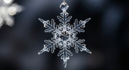 A single, intricate snowflake, a natural crystal of frozen water, suspended against a dark background