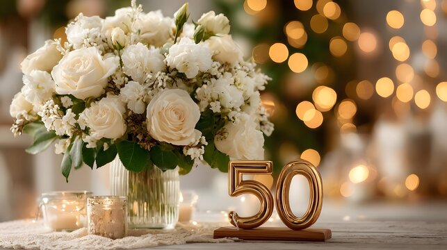 Beautiful bouquet of white roses features a golden "50" centerpiece, celebrating a milestone with a background of soft, warm, elegant bokeh lights.