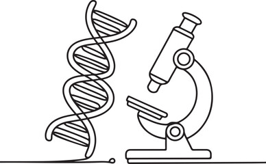 Continuous line art microscope with DNA strand illustration