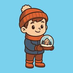Cartoon Boy in Winter Clothes Holding a Snow Globe with a House Inside.