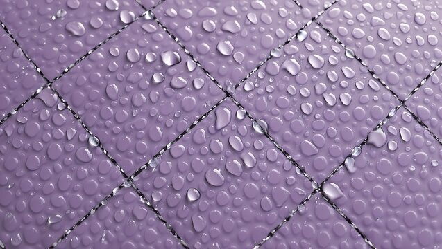 Water drops on glossy quilted purple surface background, abstract texture of water repellent material
