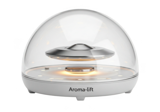 Modern white aroma diffuser with levitating ufo shape isolated on transparent background