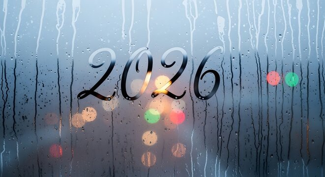 The year 2026 handwritten on a foggy window with rain drops and colorful bokeh lights in the background. - Powered by Adobe