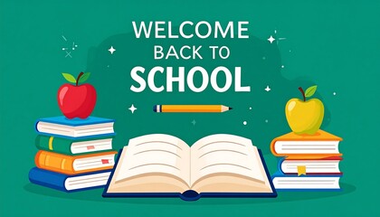 Vibrant Welcome Back to School Illustration with Books, Apples and Open Book Scene