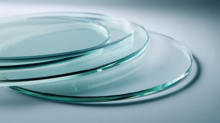 Circular frosted glass layers hover against holographic diffusion sharply rendered in noise-free precision Shadows subtly anchor forms while