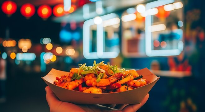 A delicious plate of food from a food truck at night, illuminated by colorful lights