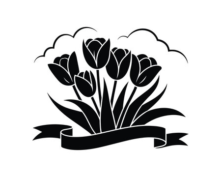 Black silhouette of tulips with ribbon and clouds, vector illustration