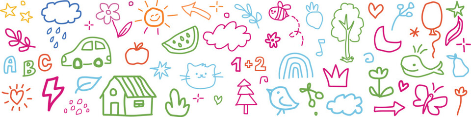 Kid crayon sketch cute child school icon background. Hand drawn crayon pencil stroke doodle flower, cartoon sun, rainbow icon elements. Kid style cute star, tree, heart shapes. Vector illustration