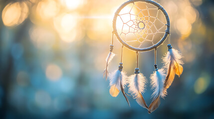 Dreamcatcher with soft feathers gently swaying in warm golden sunlight