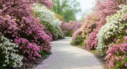 A Winding Path Through a Vibrant Azalea Garden in Full Bloom.