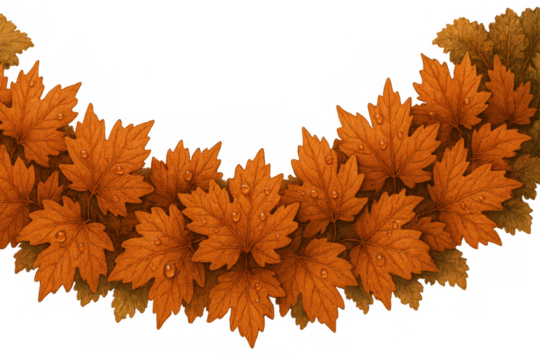 Autumn maple leaves with water drops creating a decorative border, representing fall season nature and transparent background