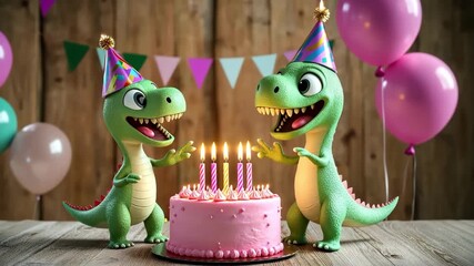 Two cheerful dinosaur characters celebrate a birthday with cake and balloons.
