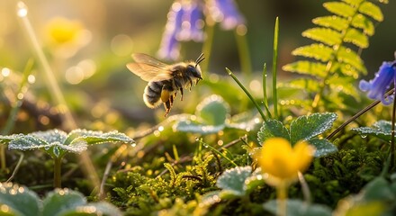 A bee flying in a sunlit meadow with wildflowers and green foliage.