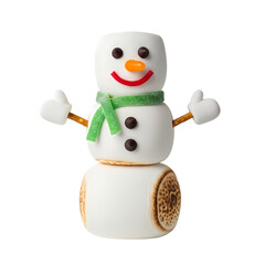 Whimsical marshmallow snowman with pretzel arms, candy face, and green scarf brings holiday cheer to any festive scene