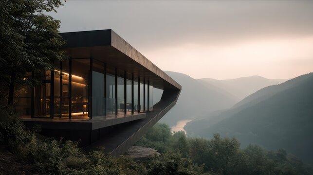 Cliff-perched glass house with blackened steel supports and pale concrete roof morning backlight casting glow on edges subtle
